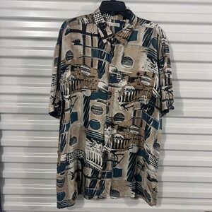 Expressions Worldwide Mens Large 100% Silk Abstract Geometric Button Down Shirt